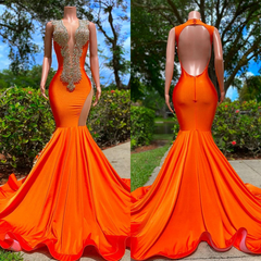 Bright Orange Prom Dress V Neck Mermaid Sleeveless Appliques