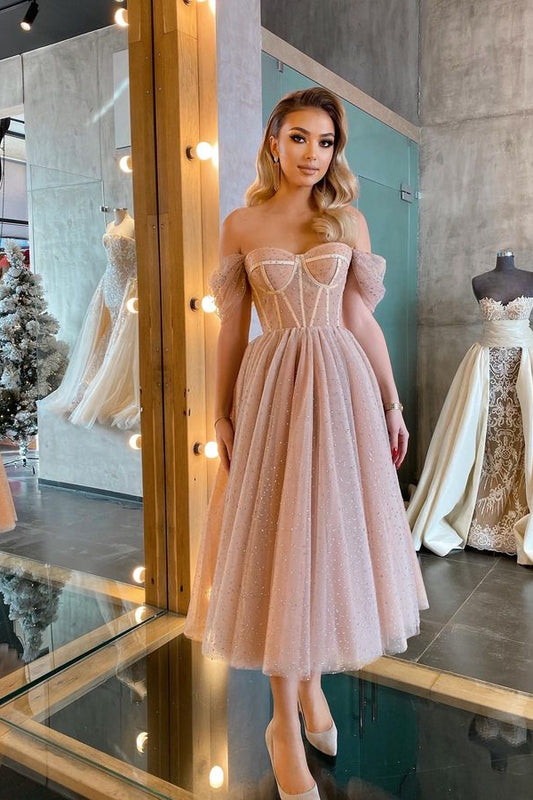 Charming Off-the-Shoulder Tulle Prom Dress Sweetheart Tea-Lnegth