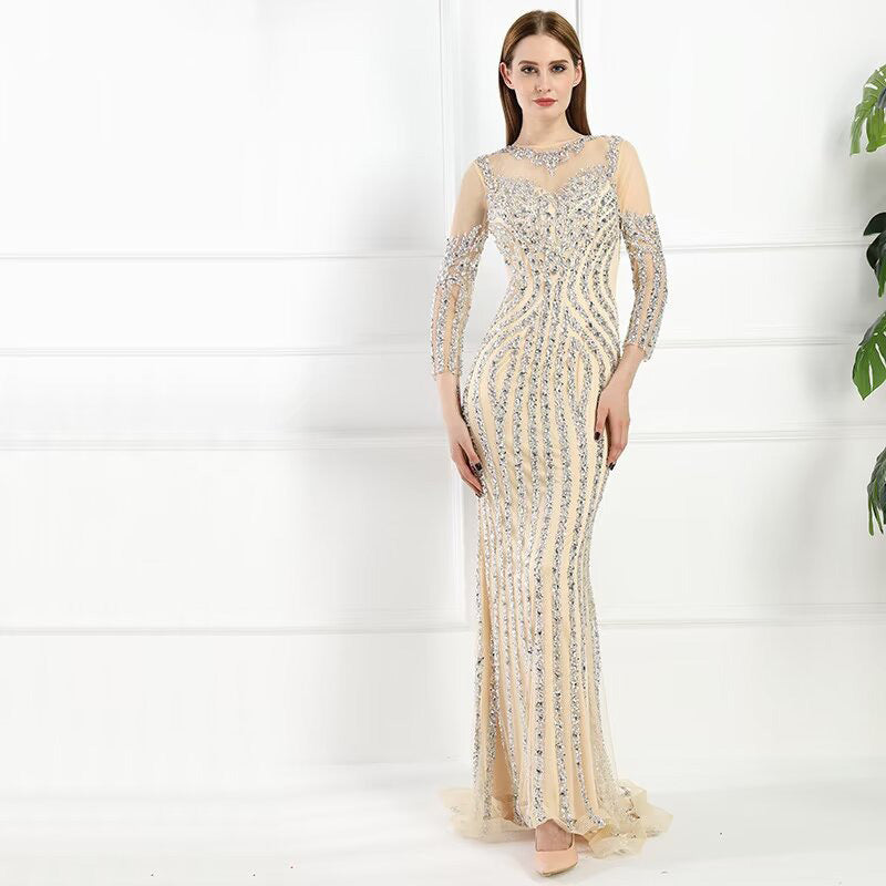 Grey Luxury Long Sleeves Sparkly Evening Dress Mermaid Sexy Diamond Beading Formal Dress