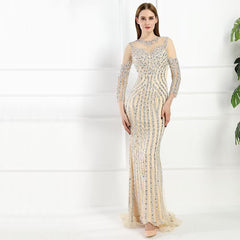 Grey Luxury Long Sleeves Sparkly Evening Dress Mermaid Sexy Diamond Beading Formal Dress