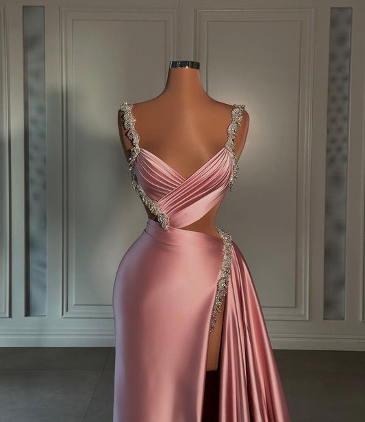 Glamorous Pink Prom Dress Sweetheart Spaghetti Strap With High Slit Trail