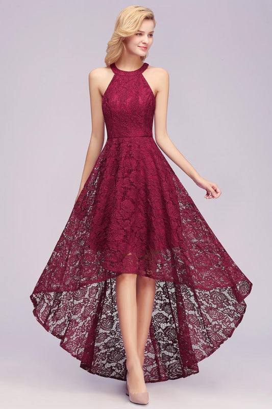 Halter Sheath Asymmetrical Burgundy Hi-Lo Lace Dresses