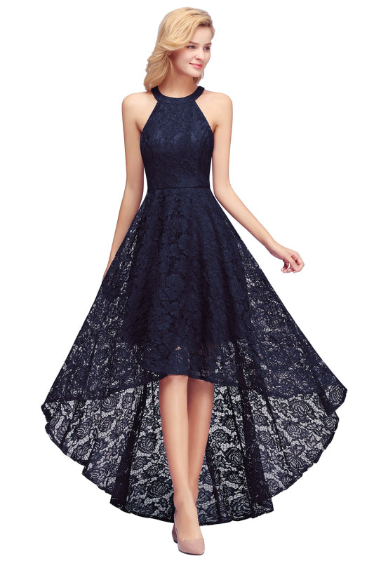 Halter Sheath Asymmetrical Burgundy Hi-Lo Lace Dresses