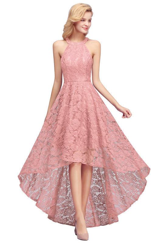 Halter Sheath Asymmetrical Burgundy Hi-Lo Lace Dresses