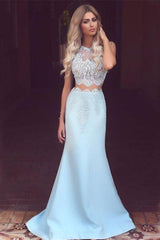 Modern Baby Blue Lace Prom Dress Mermaid Long