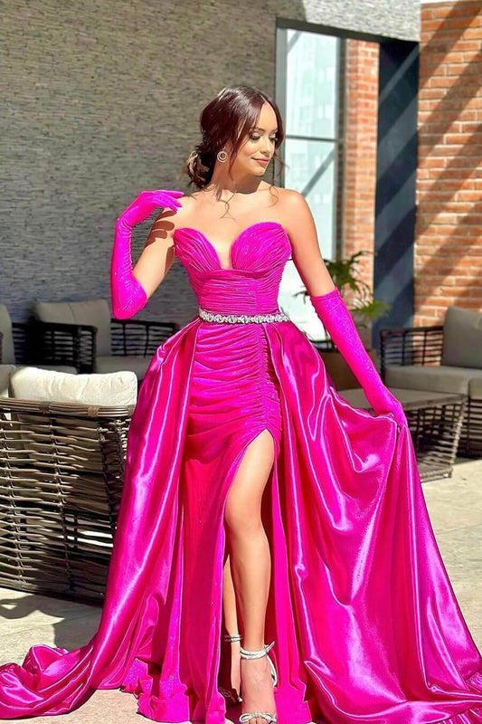 Fabulous Fuchsia Sweetheart Sleeveless Mermaid Prom Gown Split Long Overskirt