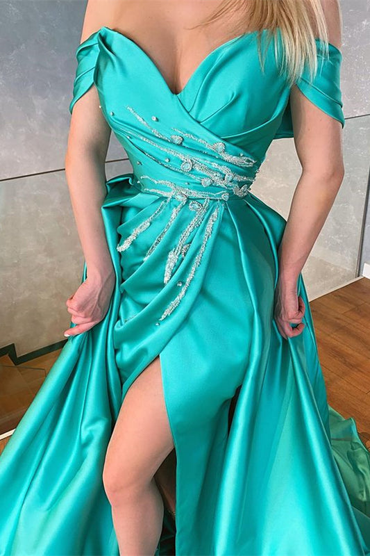 Glamorous Off-the-Shoulder Split Prom Dress Long Overskirt With Beads
