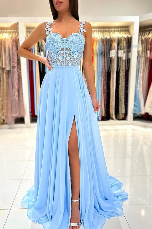 Baby Blue Sweetheart A Line Lace Long Prom Dress With Slit