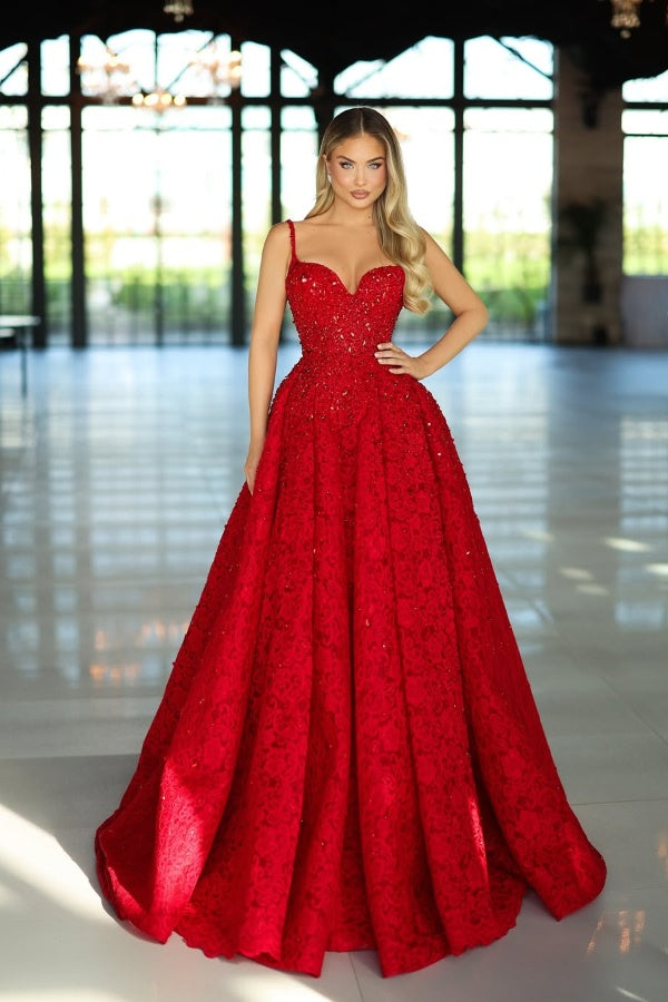 Red Spaghetti Strap A-Line Sequins Prom Dress Sleeveless with Appliques