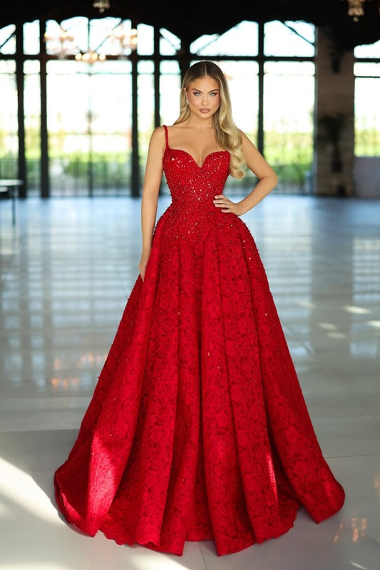 Red Spaghetti Strap A-Line Sequins Prom Dress Sleeveless with Appliques