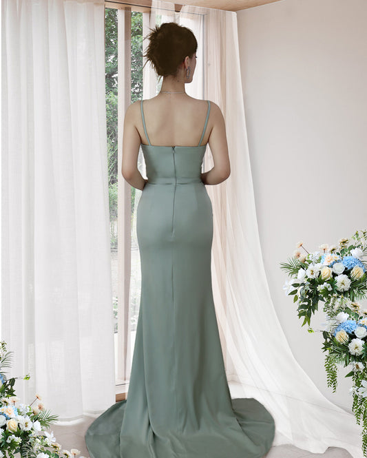 Green Prom Dress Spaghetti Strap With Pleated Slit