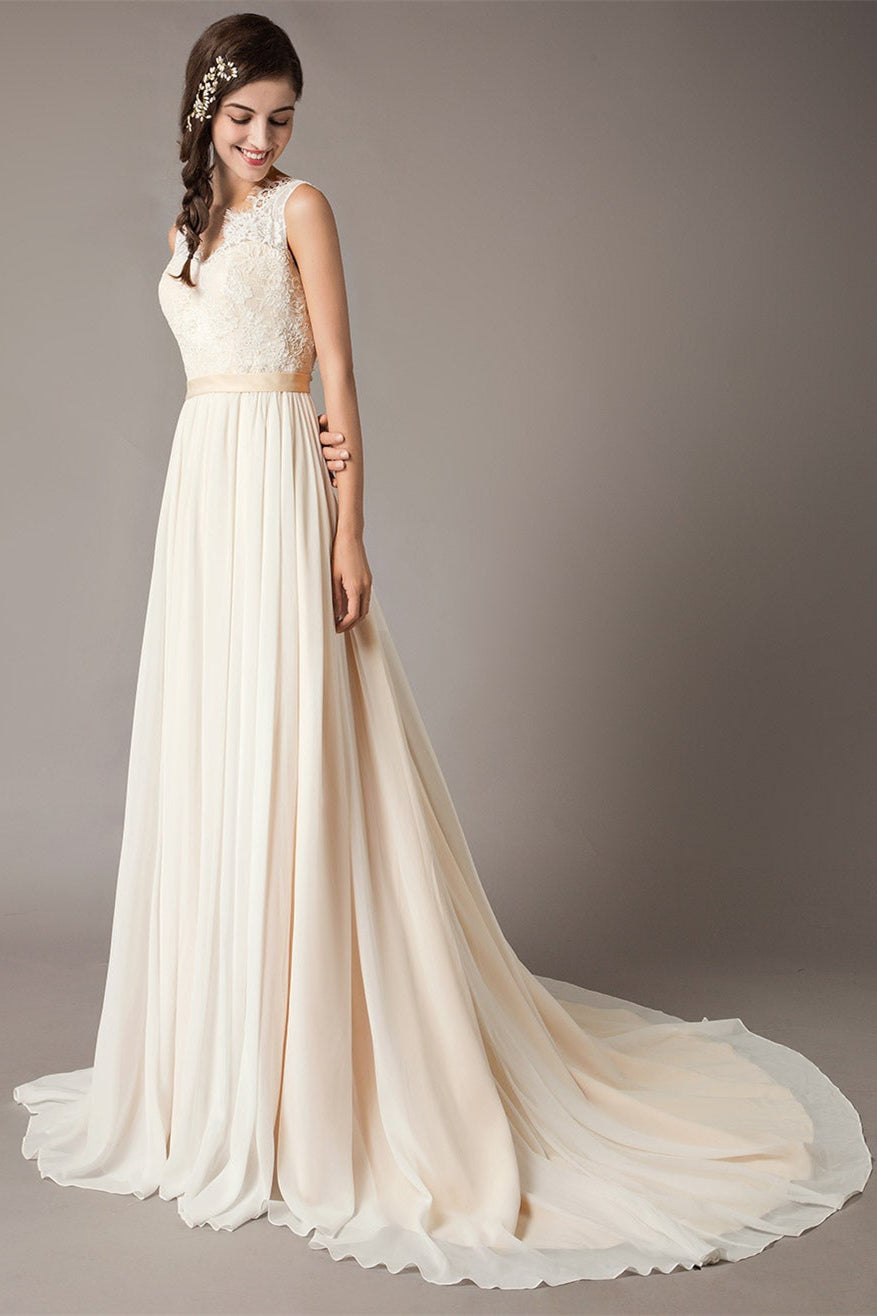 Champagne Chiffon Wedding Gown with Lace