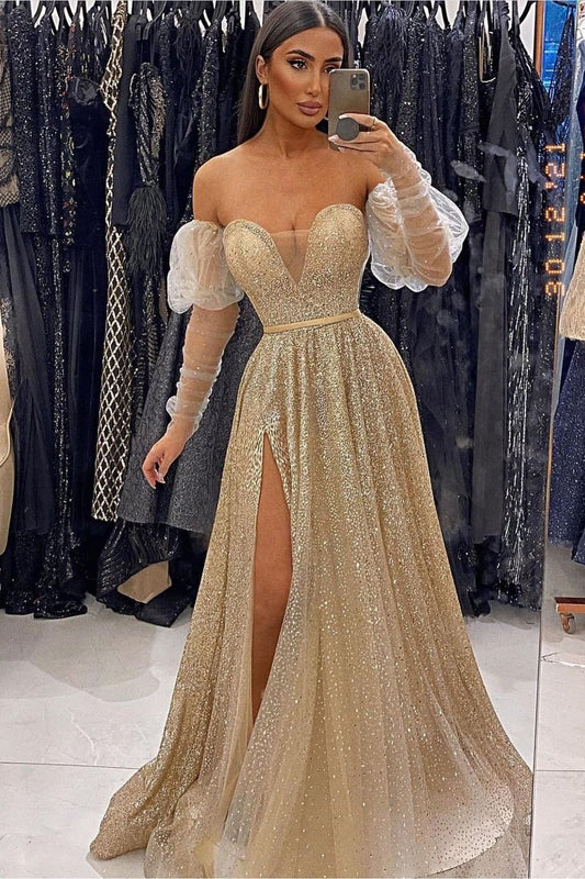 Stunning Long Sleeves Sweetheart Sequins Prom Dress Split Long