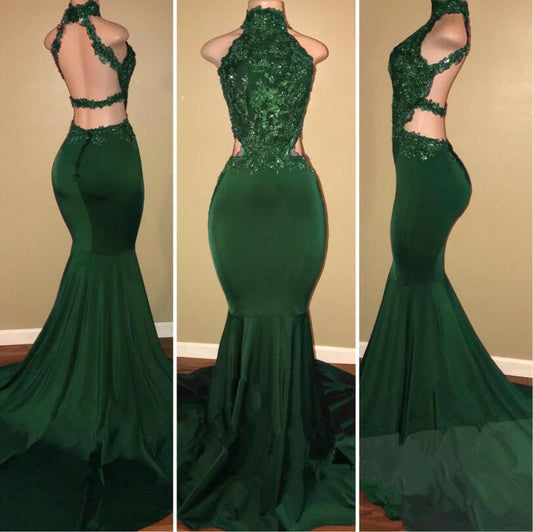 Green High Neck Mermaid Prom Dress Long With Lace Appliques