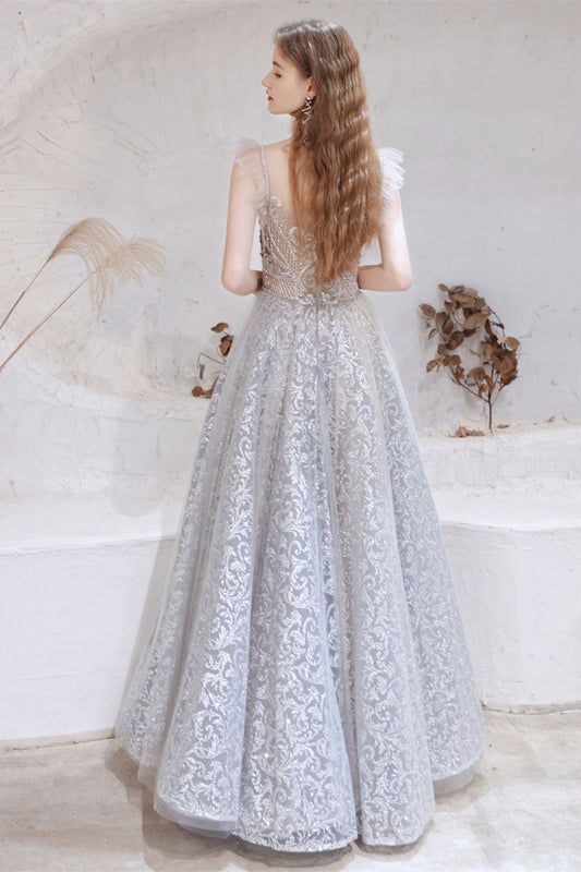Gorgeous Princess Tulle Prom Dress Lace Sheer Top Long With Beads