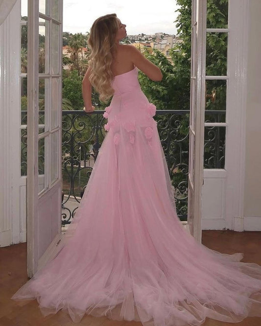 Gorgeous Pink Strapless Tulle Prom Dresses Long Split With Flowers