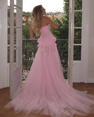 Gorgeous Pink Strapless Tulle Prom Dresses Long Split With Flowers