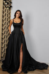 Gorgeous Black A-Line Prom Dress With Split Pockets On Sale