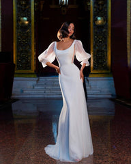Simple Long White Wedding Dress Featuring Detachable Bubble Sleeves