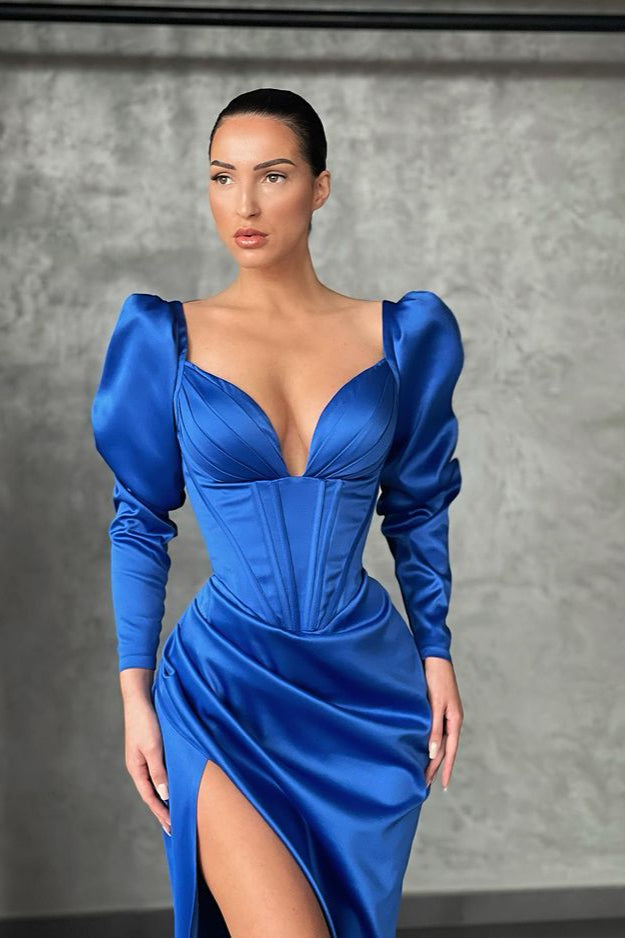 Elegant Long Sleevess V-Neck Mermaid Prom Dress With Slit