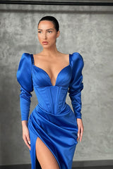 Elegant Long Sleevess V-Neck Mermaid Prom Dress With Slit