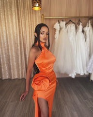 Chic Orange High Neck Sleeveless Prom Dress Mermaid Long With Split