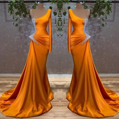 Modern Burnt Orange Long Sleeves Mermaid Prom Dress With Beads