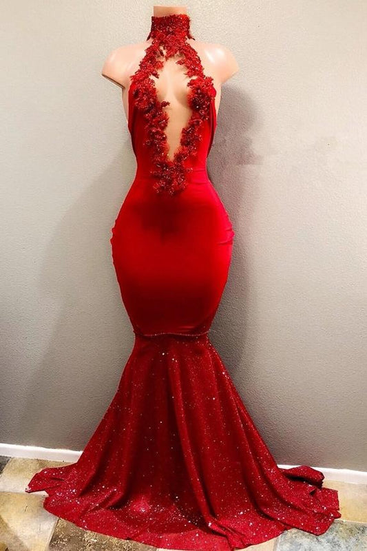 Red High Neck Glittering Mermaid Prom Dress