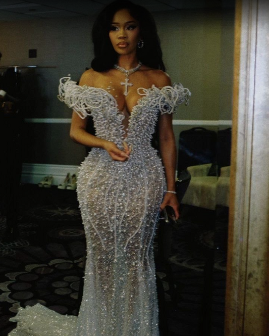 Stunning Off-the-Shoulder Sequins Mermaid Prom Dress With Pearls Long