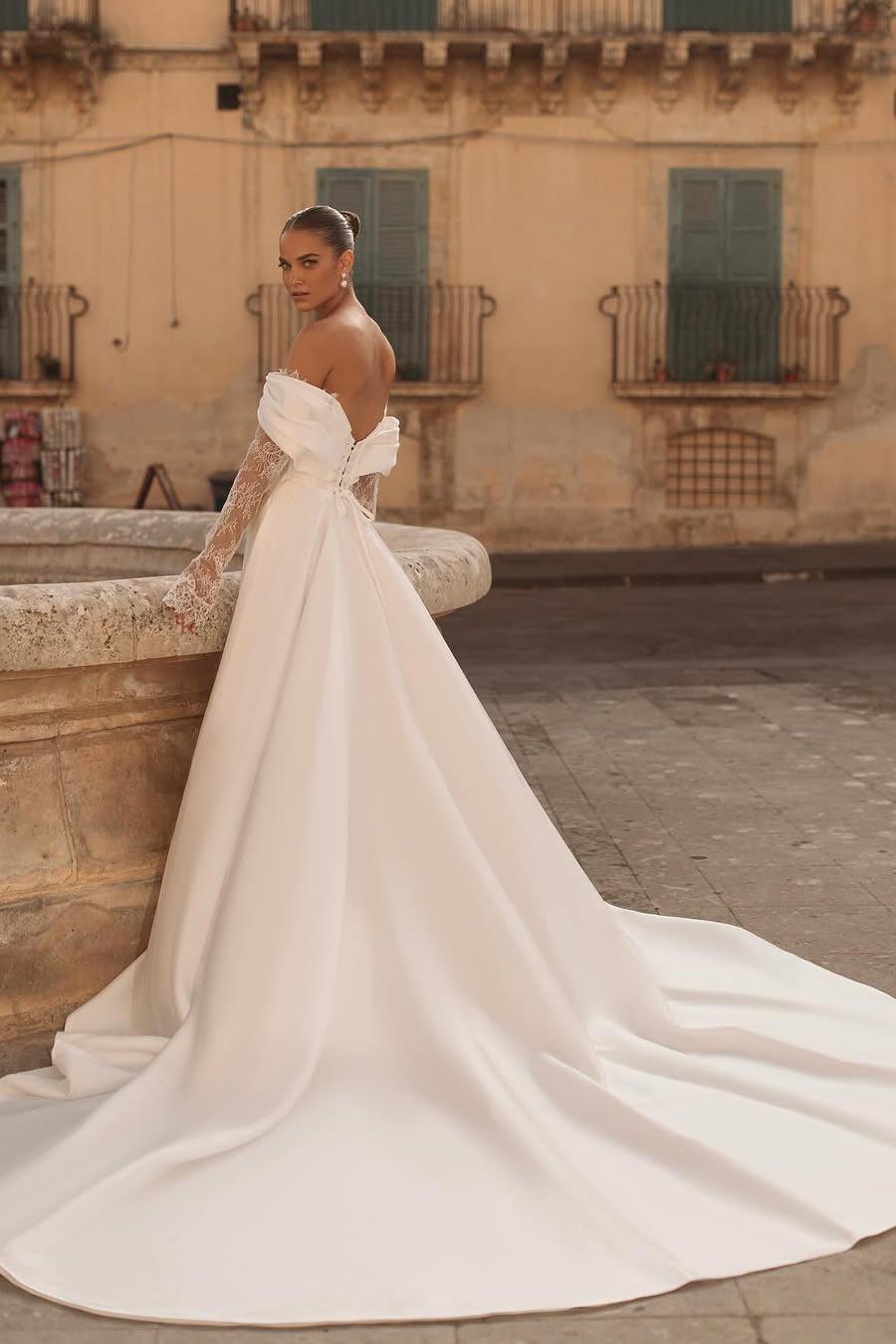Elegant White Satin Off-the-Shoulder Gown with Long Lace Sleeves and Side Split