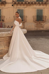 Elegant White Satin Off-the-Shoulder Gown with Long Lace Sleeves and Side Split