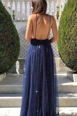 Dark Navy Spaghetti-Straps Sequins Prom Dress Long Party Gowns