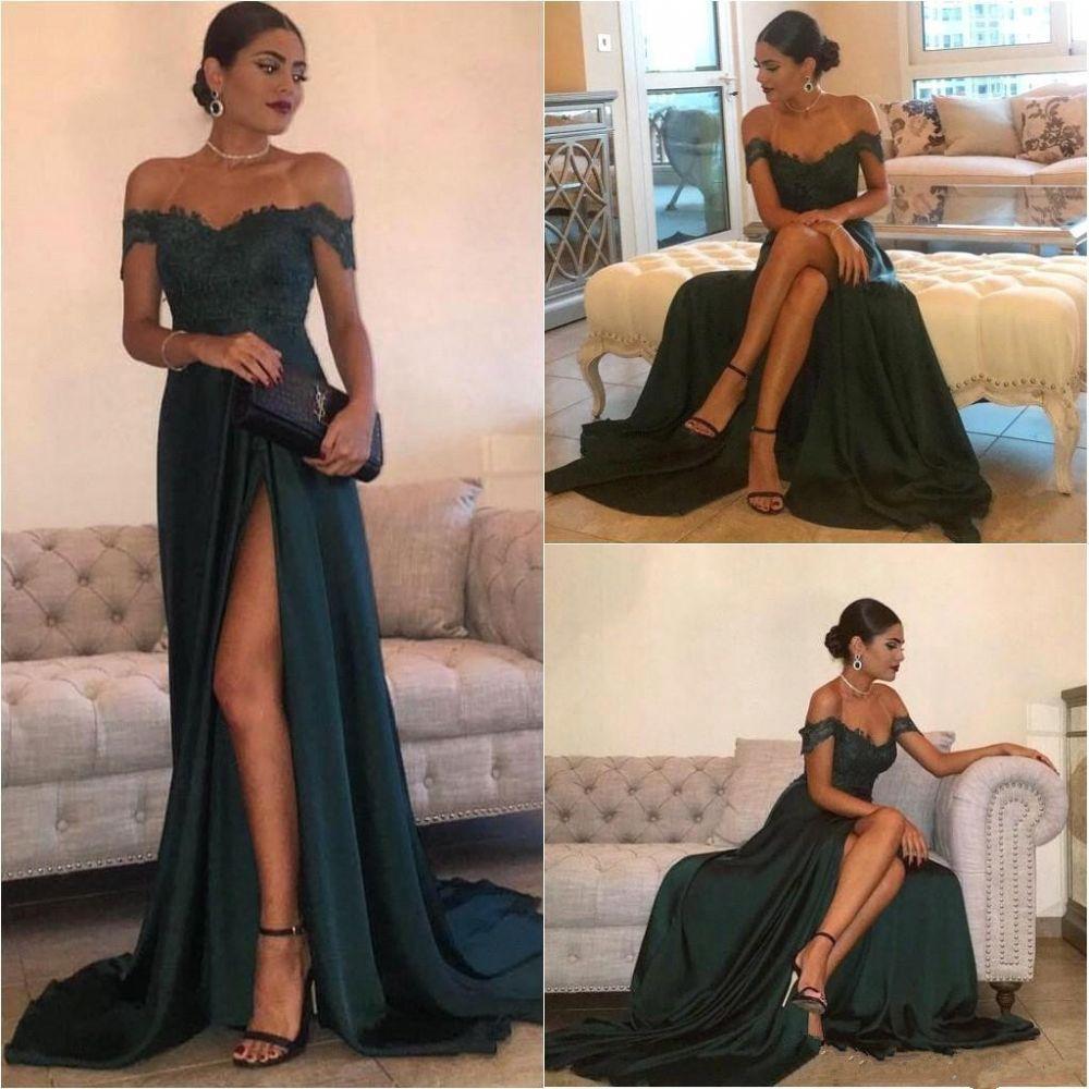 Dark Green Lace Prom Dress Off-the-Shoulder