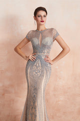New Arrival Short Sleeves Mermaid Prom Dress Beadings Keyhole