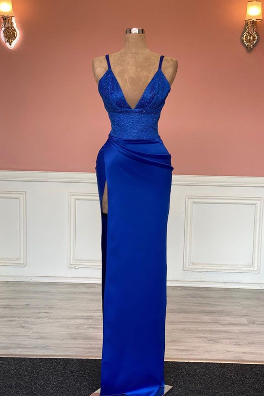 Modern Royal Blue V-Neck Mermaid Prom Dress With Split