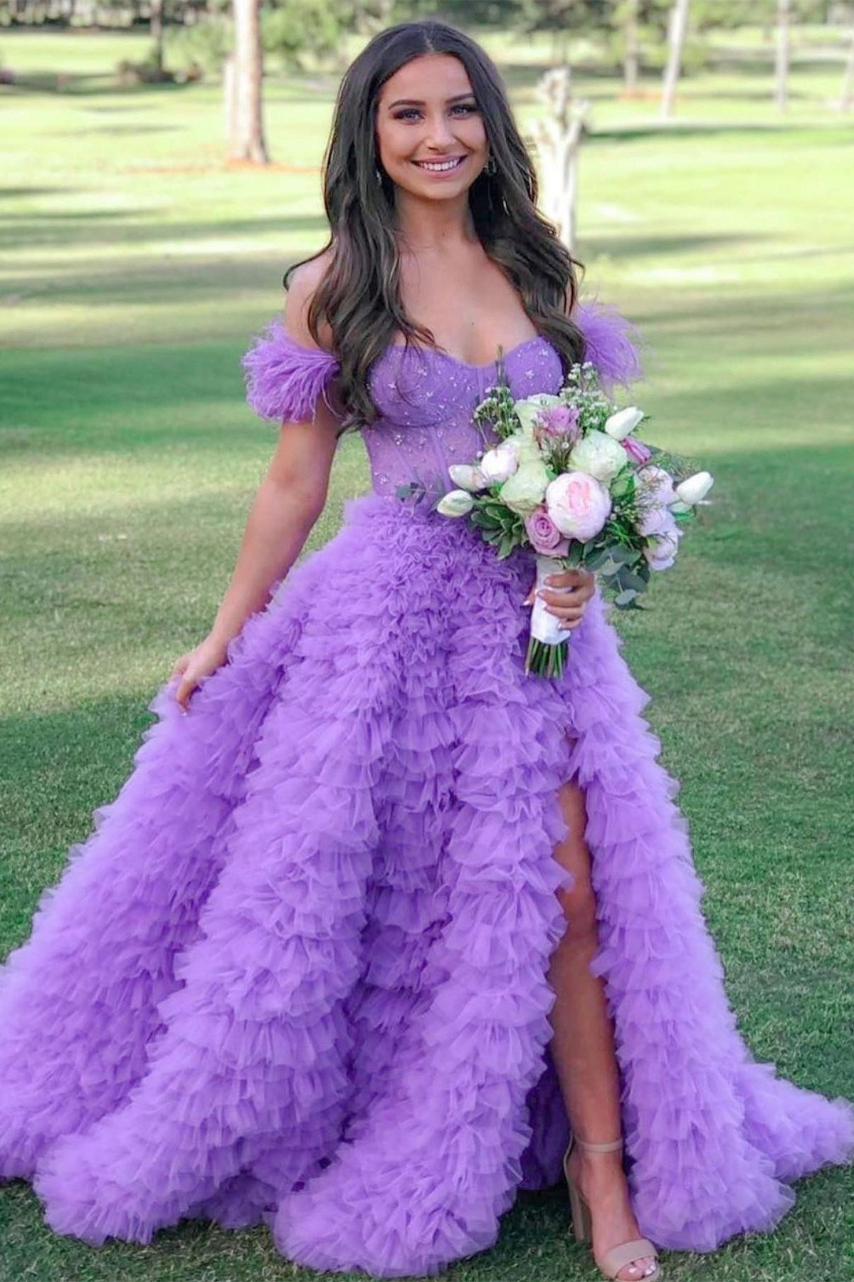 Off-the-Shoulder Pink Prom Dress Feather With Tulle Split