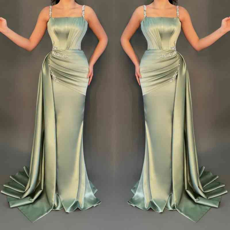 Chic Dusty Sage Straps Square Prom Dress Mermaid Sleeveless With Beads