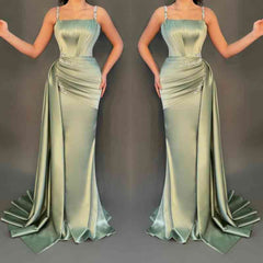 Chic Dusty Sage Straps Square Prom Dress Mermaid Sleeveless With Beads
