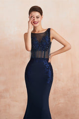 New Arrival Dark Navy Sleeveless Mermaid Prom Dress Long With Appliques