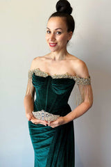 Classic Off-the-Shoulder Prom Dress Mermaid  Velvet With Beads Tassels