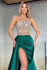Gorgeous Strapless Dark Green Prom Dress Mermaid Long Split With Crystal