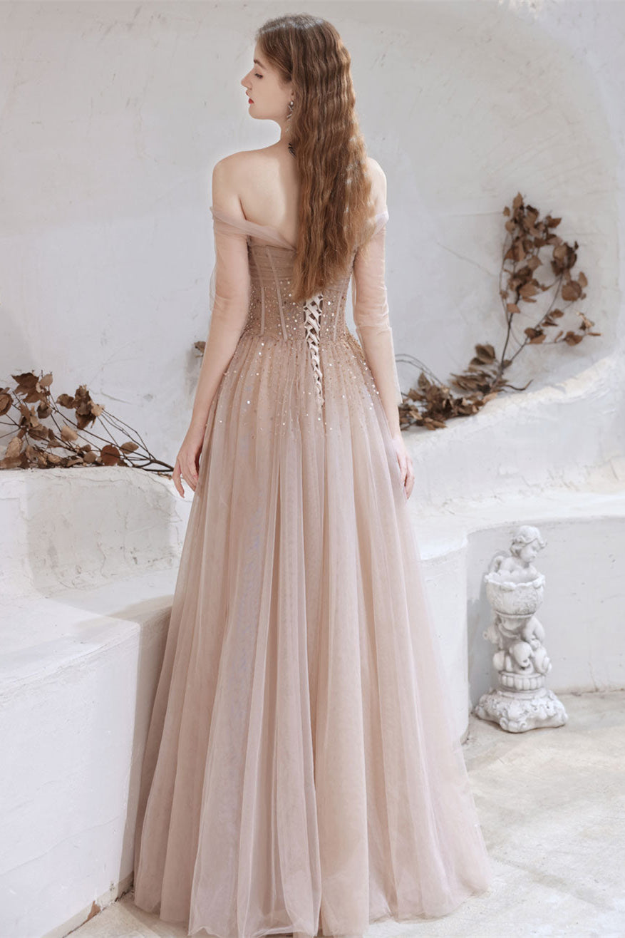 Gorgeous Sheer Long Sleeves Prom Dress Tulle Lace-up Off-the-Shoulde
