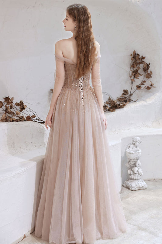 Gorgeous Sheer Long Sleeves Prom Dress Tulle Lace-up Off-the-Shoulde