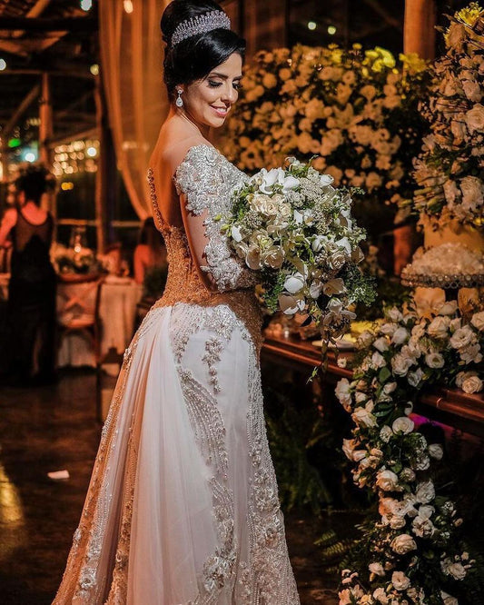 Elegant Off-the-Shoulder Mermaid Wedding Gown with Lace Appliques and Long Sleeves