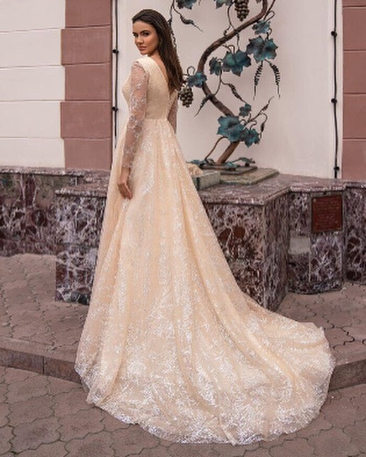 Elegant V-neck Long A-line Glitter Wedding Gown With Sleeves