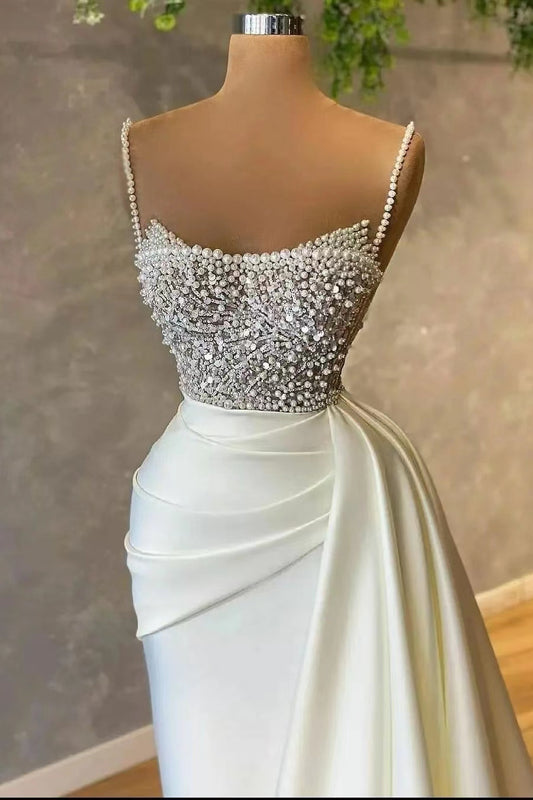 Elegant Spaghetti-Straps Pearl Mermaid Evening Dress with Sequins Pleated