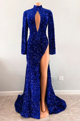 New Arrival Royal Blue Keyhole Mermaid Prom Dress Sequins Long Sleeves Slit