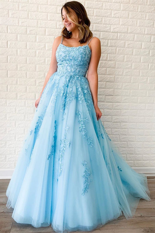 Stunning Sky Blue Appliques Spaghetti-Straps Prom Dress A-Line