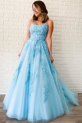 Stunning Sky Blue Appliques Spaghetti-Straps Prom Dress A-Line