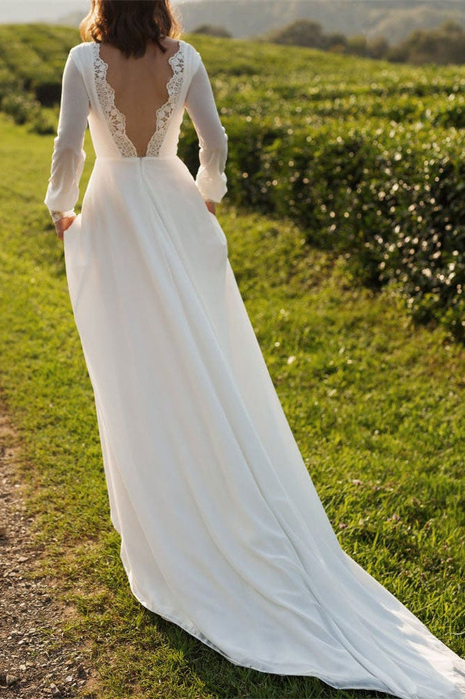 Long Sleeve Backless Chiffon Bridal Gown